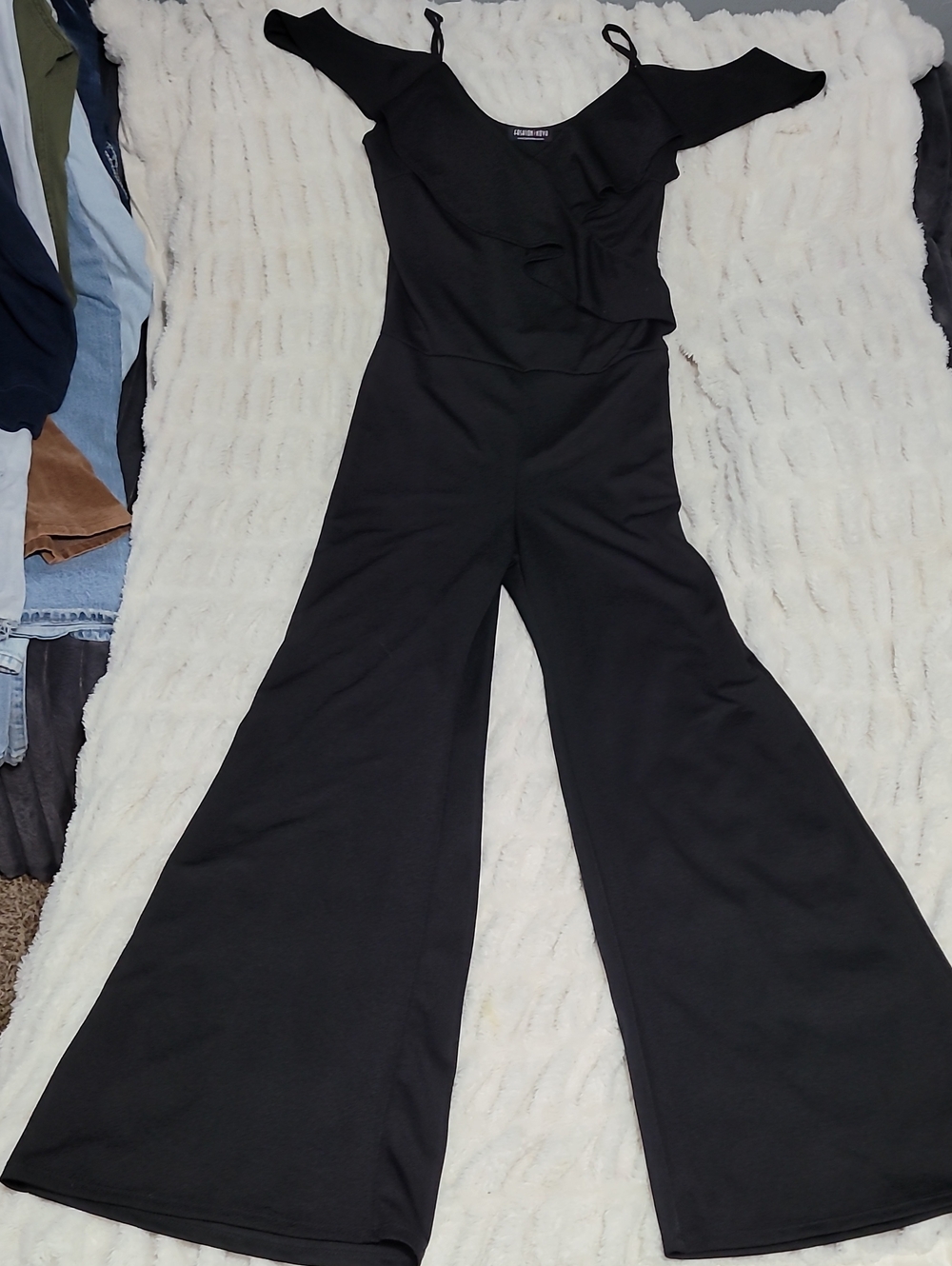 Fashion Nova Black Cold-Shoulder Wide-Leg Jumpsuit with Ruffle Detail